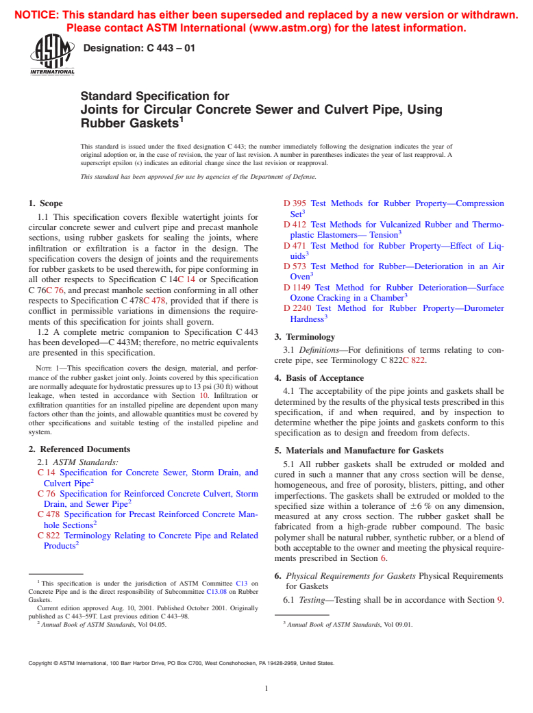 ASTM C443-01 - Standard Specification for Joints for Circular Concrete Sewer and Culvert Pipe, Using Rubber Gaskets