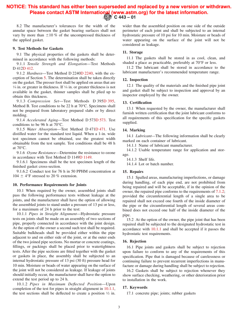 ASTM C443-01 - Standard Specification for Joints for Circular Concrete Sewer and Culvert Pipe, Using Rubber Gaskets