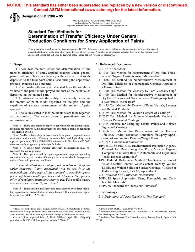 ASTM D5286-95 - Standard Test Methods for Determination of Transfer Efficiency Under General Production Conditions for Spray Application of Paints