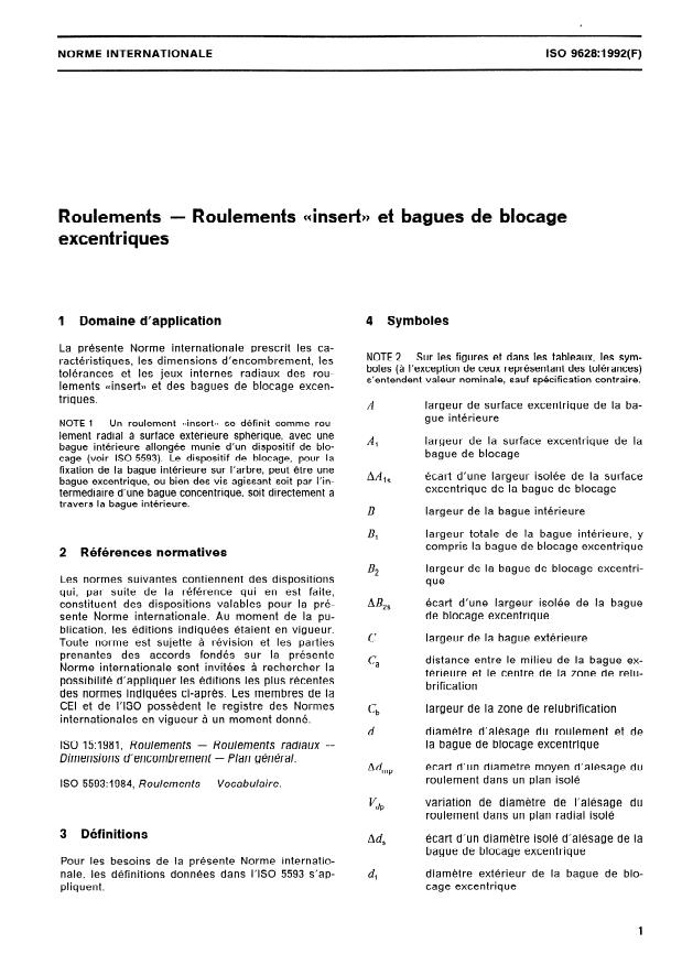 ISO 9628:1992 - Roulements -- Roulements "insert" et bagues de blocage excentriques