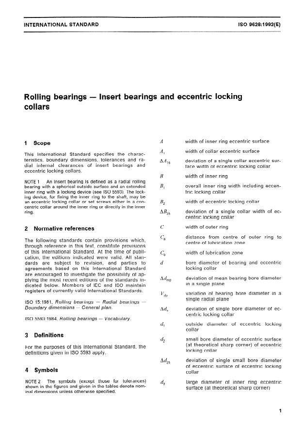 ISO 9628:1992 - Rolling bearings -- Insert bearings and eccentric locking collars