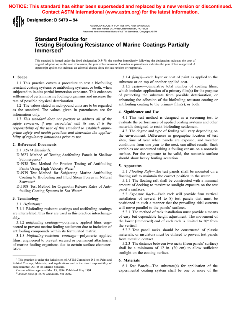 ASTM D5479-94 - Standard Practice for Testing Biofouling Resistance of Marine Coatings Partially Immersed