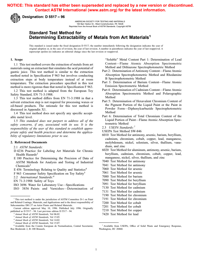 ASTM D5517-96 - Standard Test Method for Determining Extractability of Metals from Art Materials