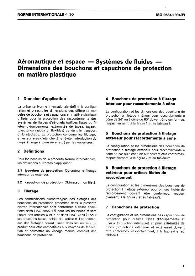 ISO 9634:1994 - Aéronautique et espace -- Systemes de fluides -- Dimensions des bouchons et capuchons de protection en matiere plastique