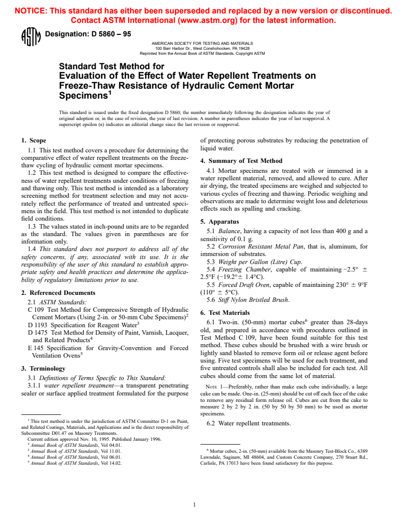 ASTM D5860-95 - Standard Test Method for Evaluation of the Effect of Water Repellent Treatments on Freeze-Thaw Resistance of Hydraulic Cement Mortar Specimens