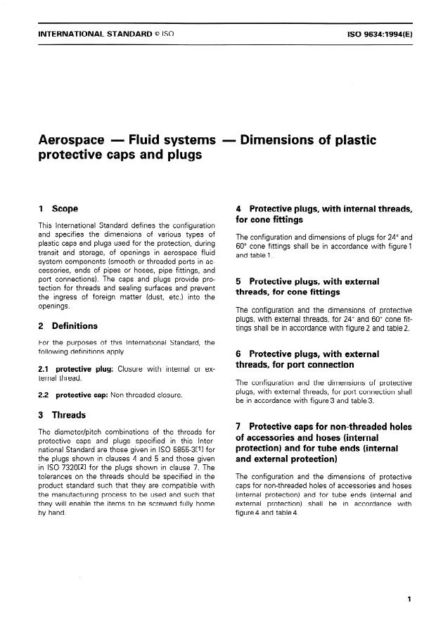 ISO 9634:1994 - Aerospace -- Fluid systems -- Dimensions of plastic protective caps and plugs