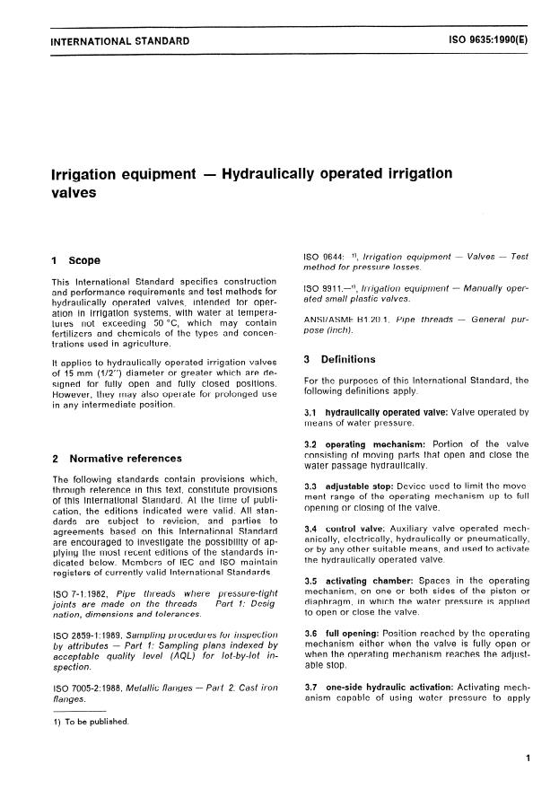 ISO 9635:1990 - Irrigation equipment -- Hydraulically operated irrigation valves