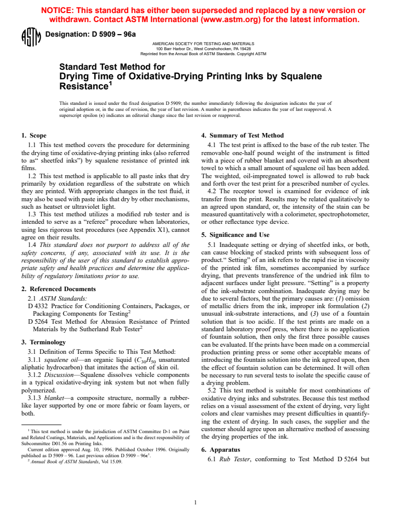 ASTM D5909-96a - Standard Test Method for Drying Time of Oxidative-Drying Printing Inks by Squalene Resistance