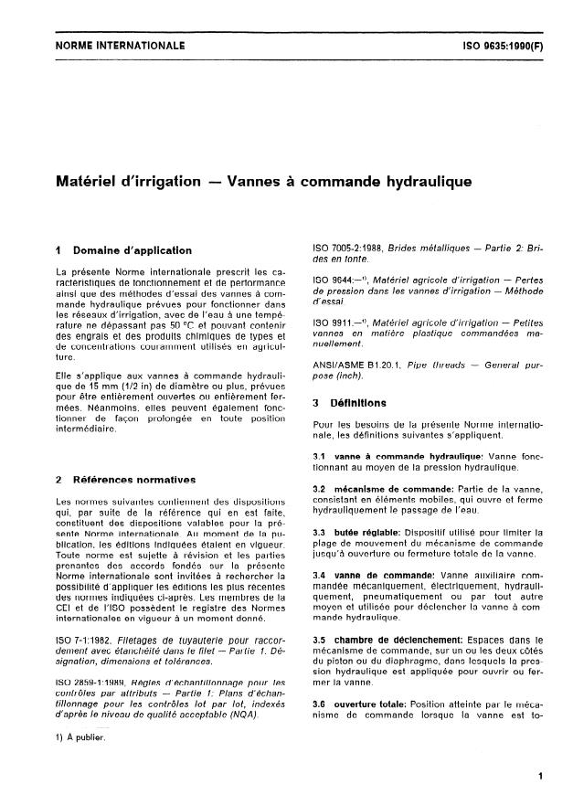 ISO 9635:1990 - Matériel d'irrigation -- Vannes a commande hydraulique