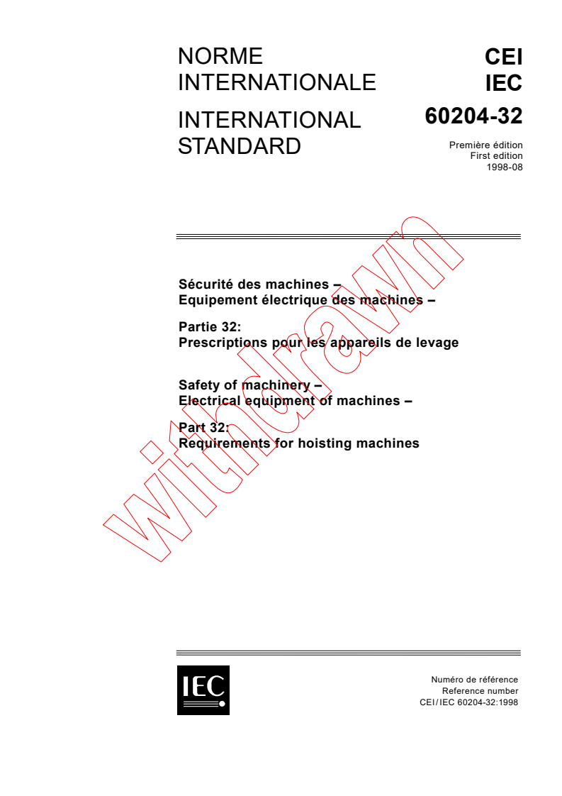 IEC 60204-32:1998 - Safety of machinery - Electrical equipment of machines - Part 32: Requirements for hoisting machines
Released:8/31/1998
Isbn:2831844878
