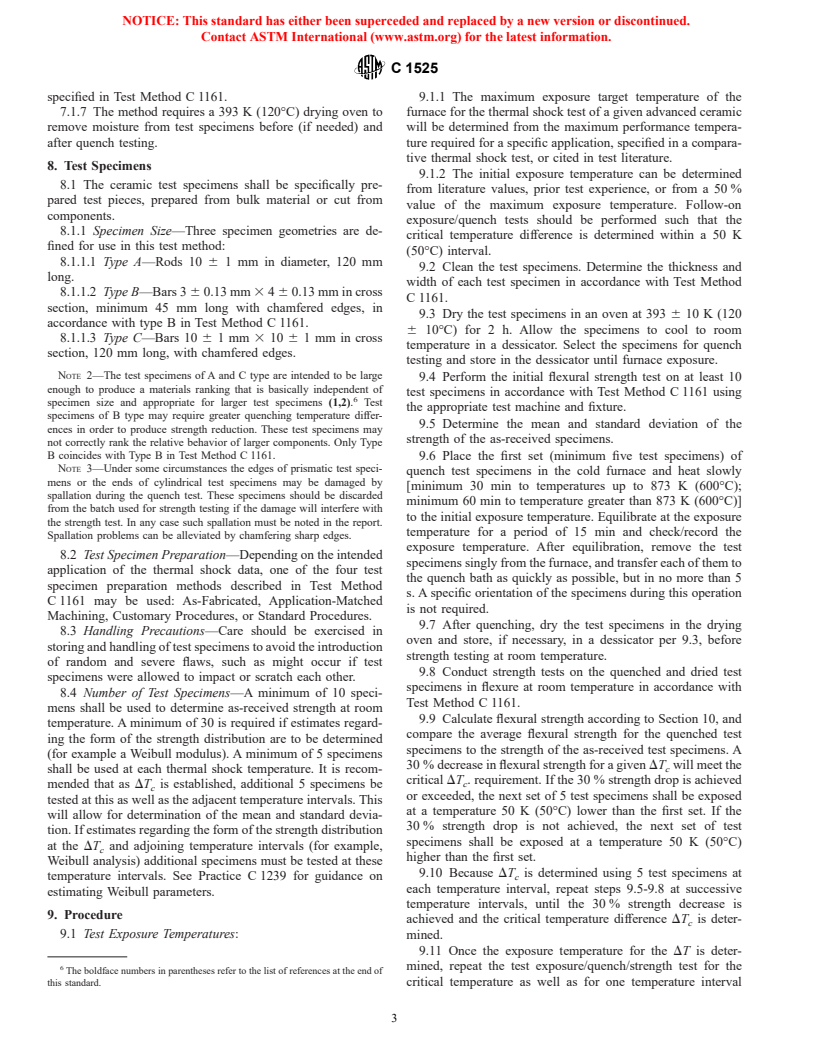 ASTM C1525-02 - Standard Test Method for Determination of Thermal Shock Resistance for Advanced Ceramics by Water Quenching