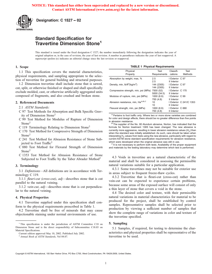 ASTM C1527-02 - Standard Specification for Travertine Dimension Stone