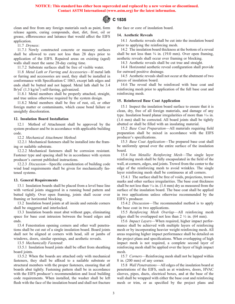 ASTM C1535-02 - Standard Practice for Application of Exterior Insulation and Finish Systems Class PI