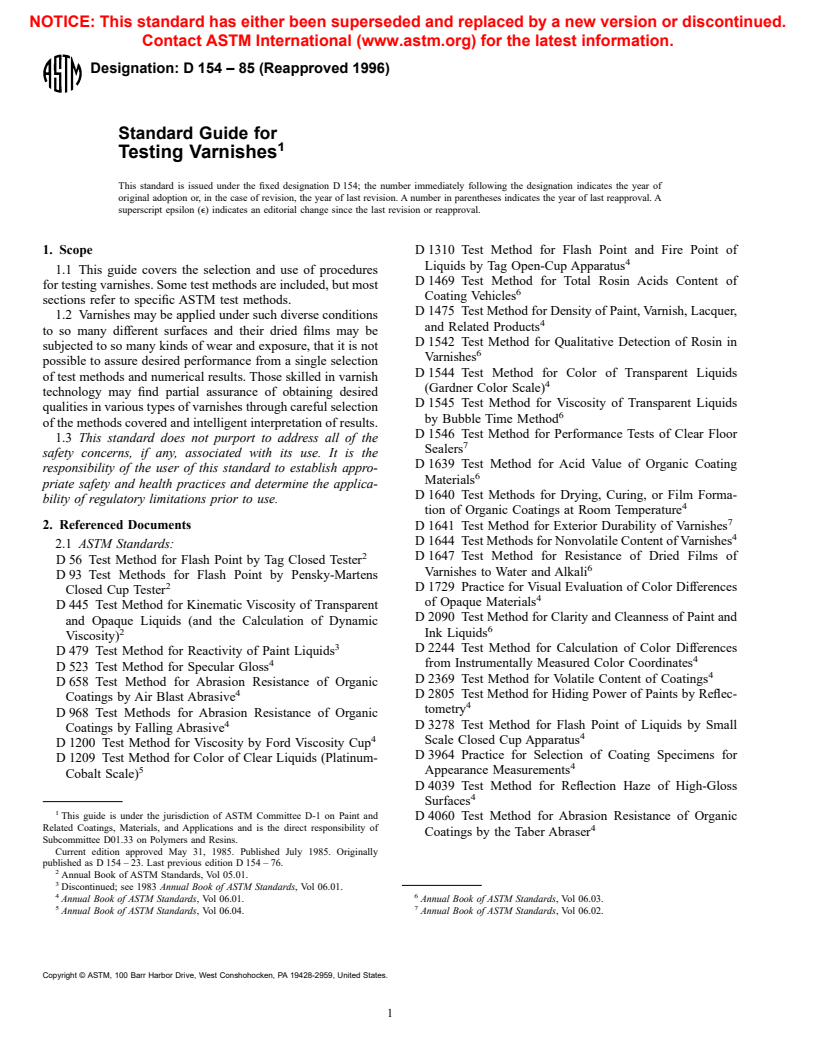 ASTM D154-85(1996) - Standard Guide for Testing Varnishes