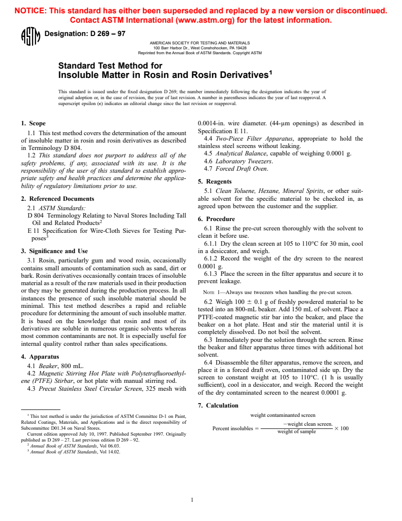 ASTM D269-97 - Standard Test Method for Insoluble Matter in Rosin and Rosin Derivatives