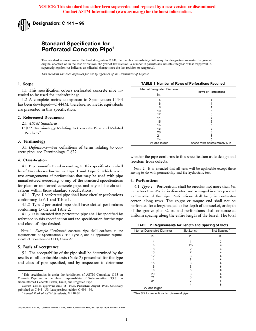 ASTM C444-95 - Standard Specification for Perforated Concrete Pipe