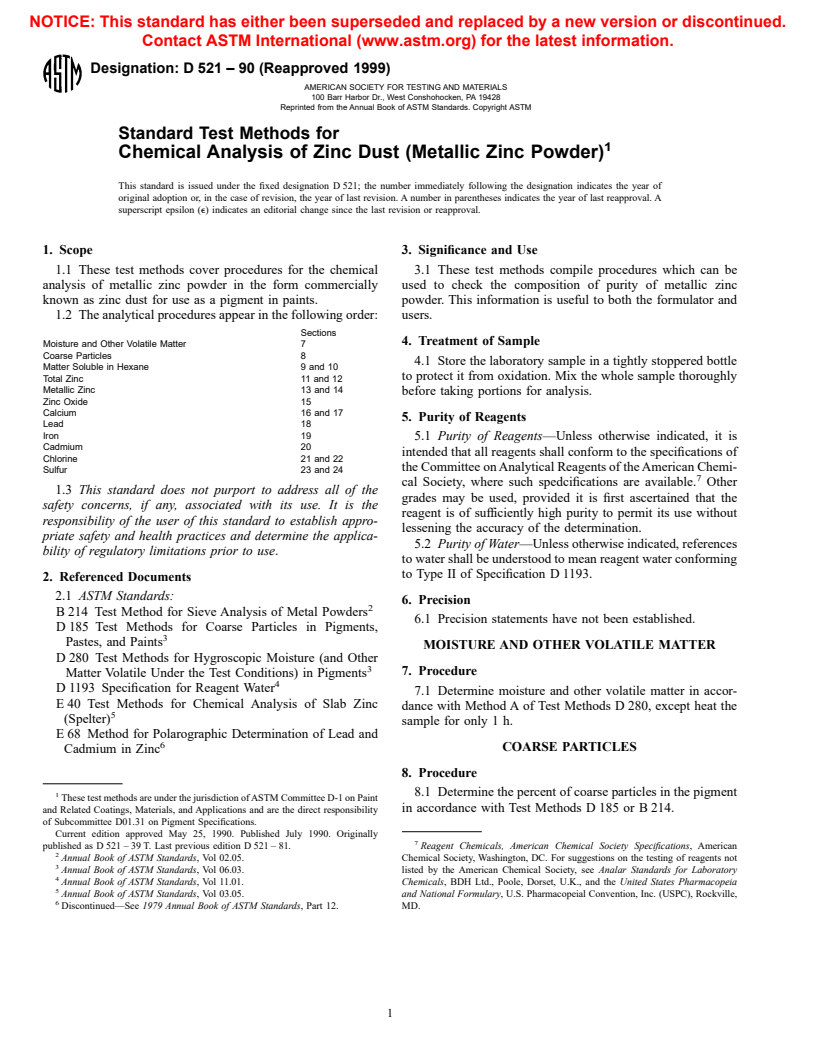 ASTM D521-90(1999) - Standard Test Methods for Chemical Analysis of Zinc Dust (Metallic Zinc Powder)