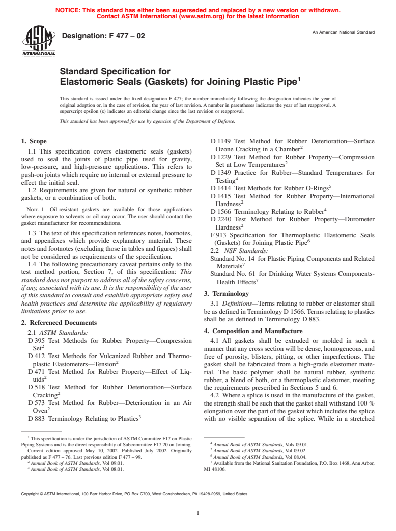 ASTM F477-02 - Standard Specification for Elastomeric Seals (Gaskets) for Joining Plastic Pipe