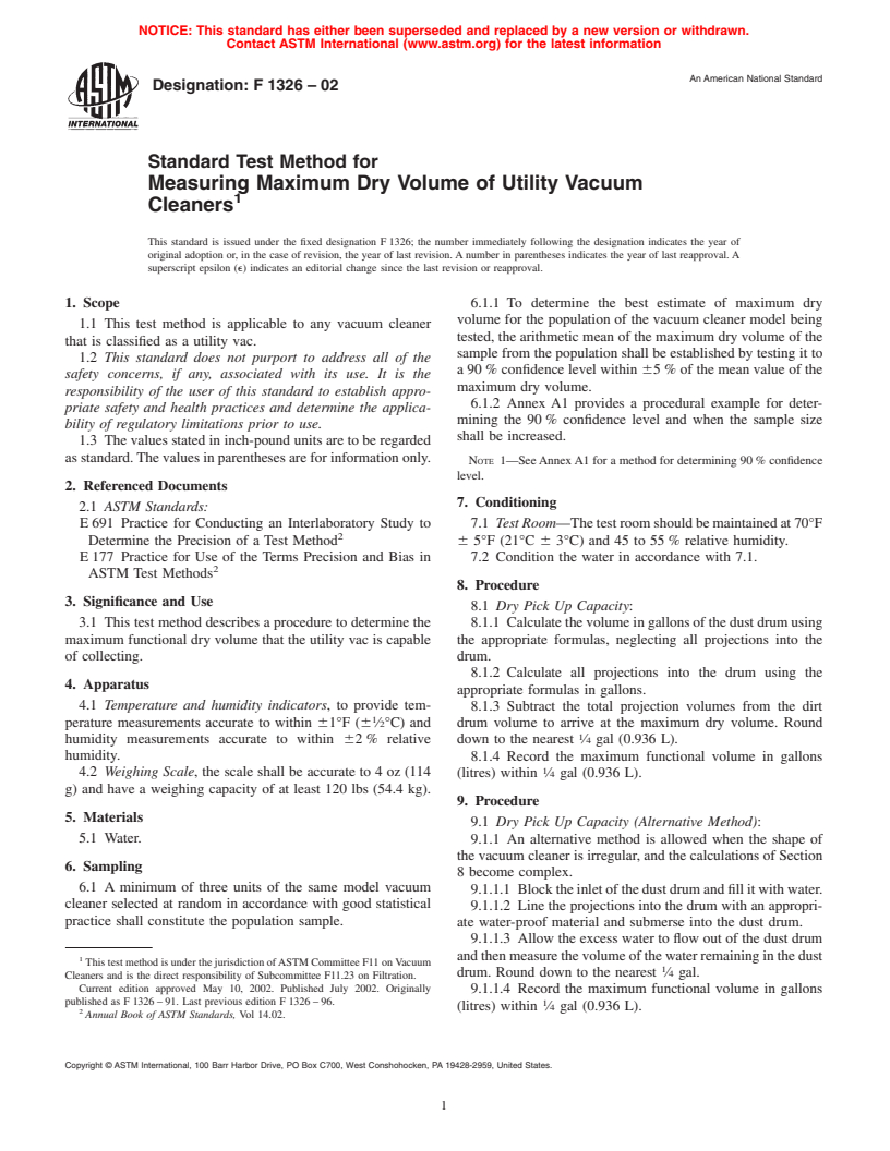 ASTM F1326-02 - Standard Test Method for Measuring Maximum Dry Volume of Utility Vacuum Cleaners