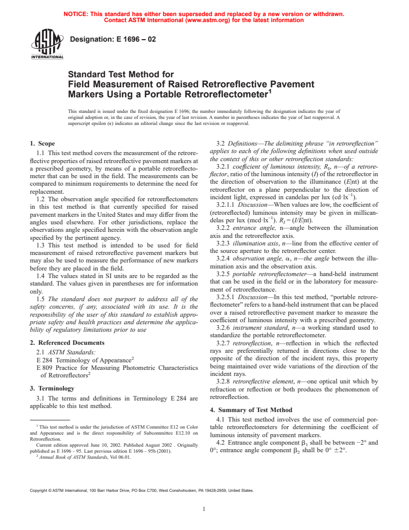 ASTM E1696-02 - Standard Test Method for Field Measurement of Raised Retroreflective Pavement Markers Using a Portable Retroreflectometer