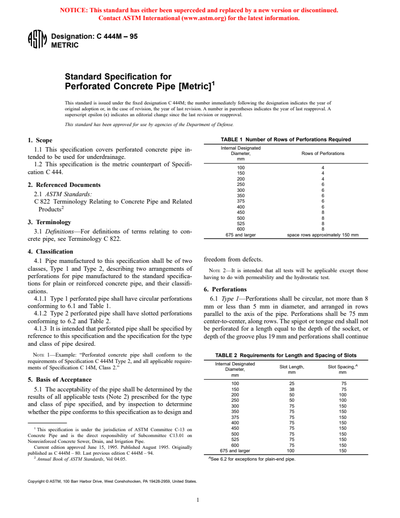 ASTM C444M-95 - Standard Specification for Perforated Concrete Pipe (Metric)