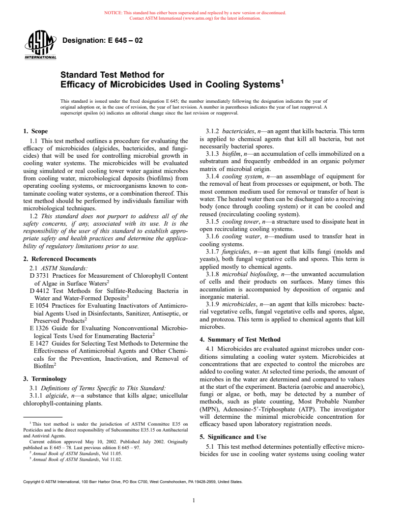 ASTM E645-02 - Standard Test Method for Efficacy of Microbicides Used in Cooling Systems