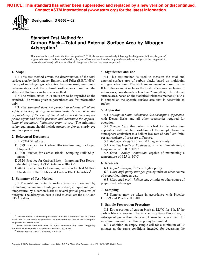 ASTM D6556-02 - Standard Test Method for Carbon Black&#8212;Total and External Surface Area by Nitrogen Adsorption