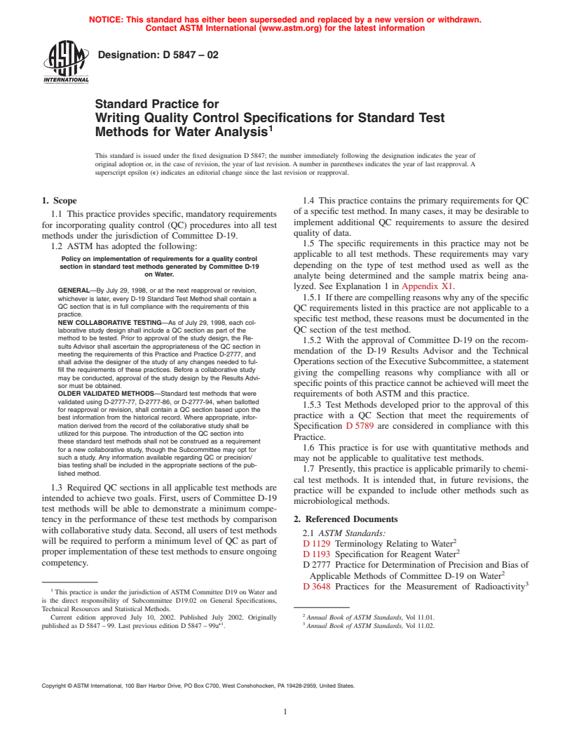 ASTM D5847-02 - Standard Practice for Writing Quality Control Specifications for Standard Test Methods for Water Analysis