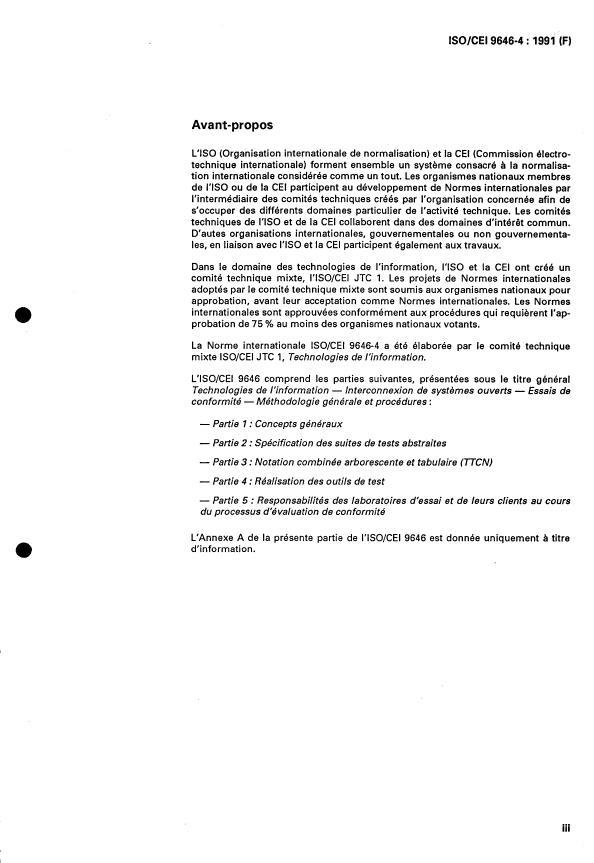 ISO/IEC 9646-4:1991 ISO/IEC 9646-4:1991 - Technologies de l'information -- Interconnexion de systemes ouverts -- Essais de conformité -- Méthodologie générale et procédures - Page 3 preview
