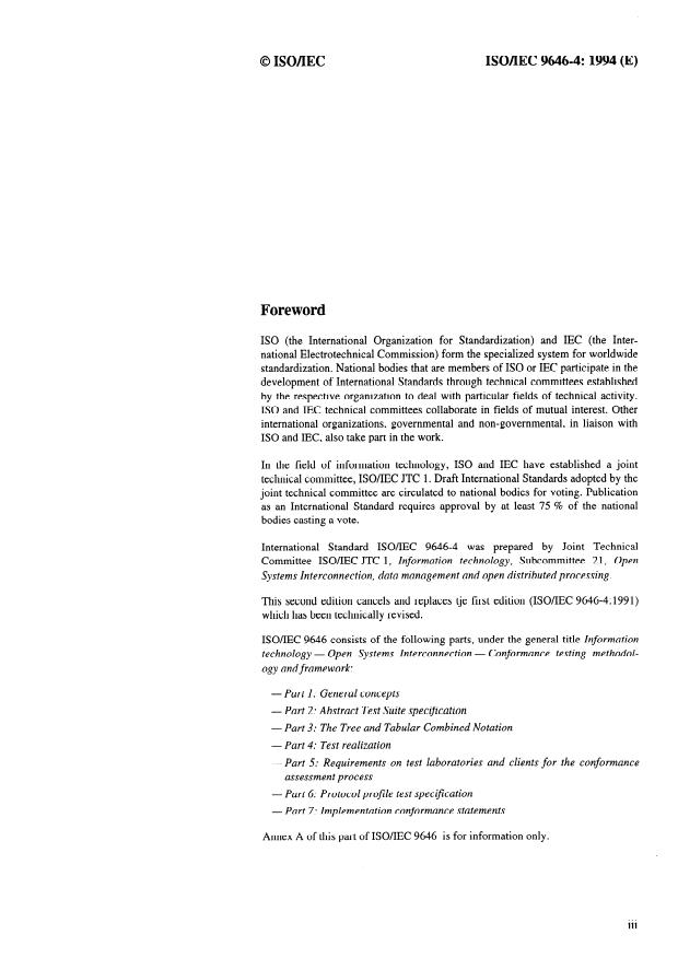 ISO/IEC 9646-4:1994 ISO/IEC 9646-4:1994 - Information technology -- Open Systems Interconnection -- Conformance testing methodology and framework - Page 3 preview