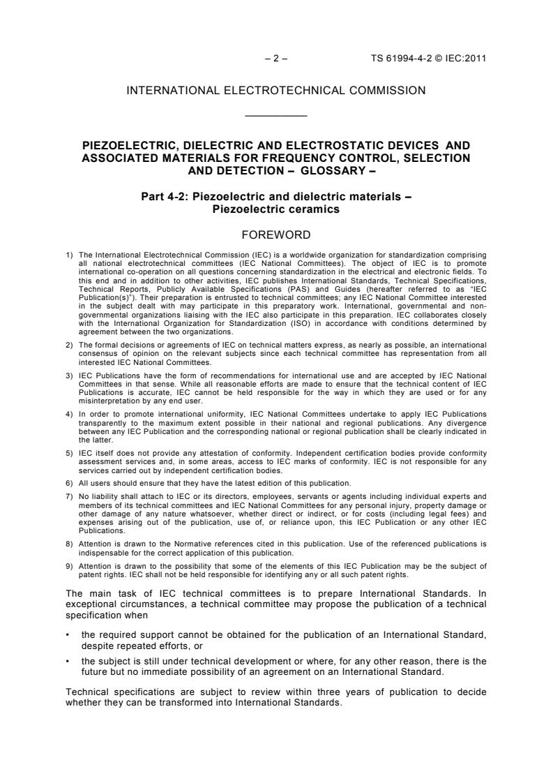 IEC TS 61994-4-2:2011 IEC TS 61994-4-2:2011 - Piezoelectric, dielectric and electrostatic devices and associated materials for frequency control, selection and detection - Glossary - Part 4-2: Piezoelectric and dielectric materials - Piezoelectric ceramics - Page 4 preview