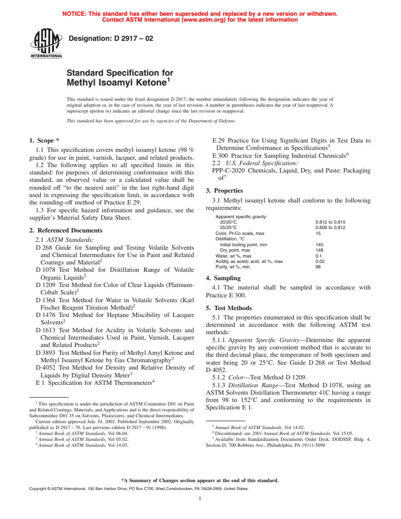 ASTM D2917-02 - Standard Specification for Methyl Isoamyl Ketone