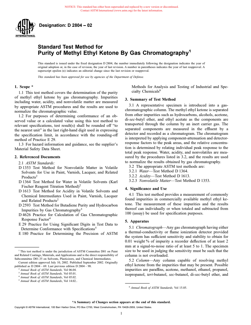 ASTM D2804-02 - Standard Test Method for Purity of Methyl Ethyl Ketone By Gas Chromatography