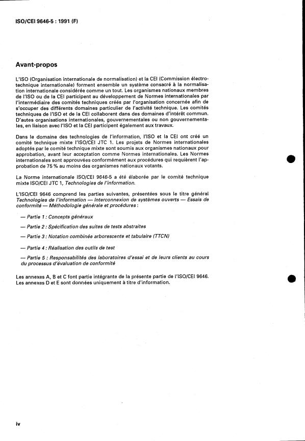 ISO/IEC 9646-5:1991 ISO/IEC 9646-5:1991 - Technologies de l'information -- Interconnexion de systemes ouverts -- Essais de conformité -- Méthodologie générale et procédures - Page 4 preview