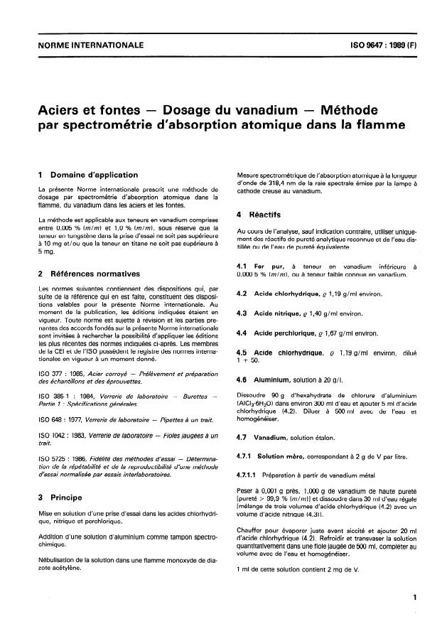 ISO 9647:1989 - Aciers et fontes -- Dosage du vanadium -- Méthode par spectrométrie d'absorption atomique dans la flamme