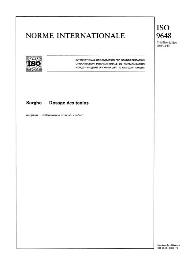 ISO 9648:1988 - Sorgho -- Dosage des tanins