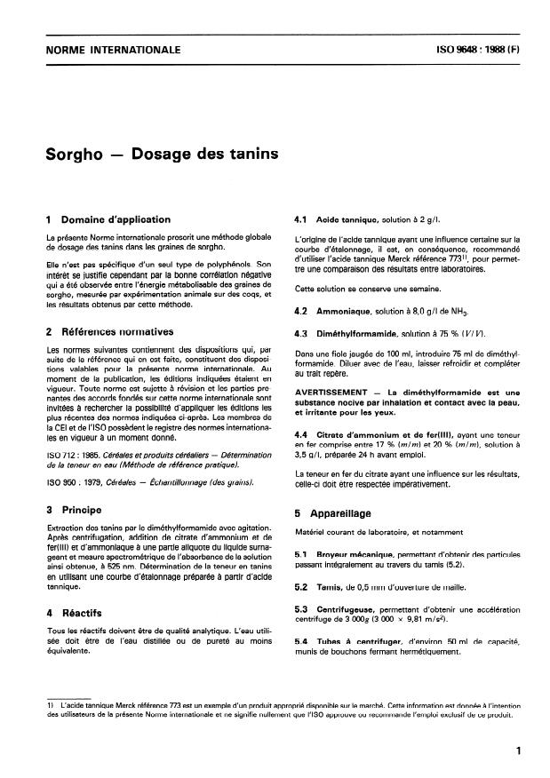 ISO 9648:1988 - Sorgho -- Dosage des tanins