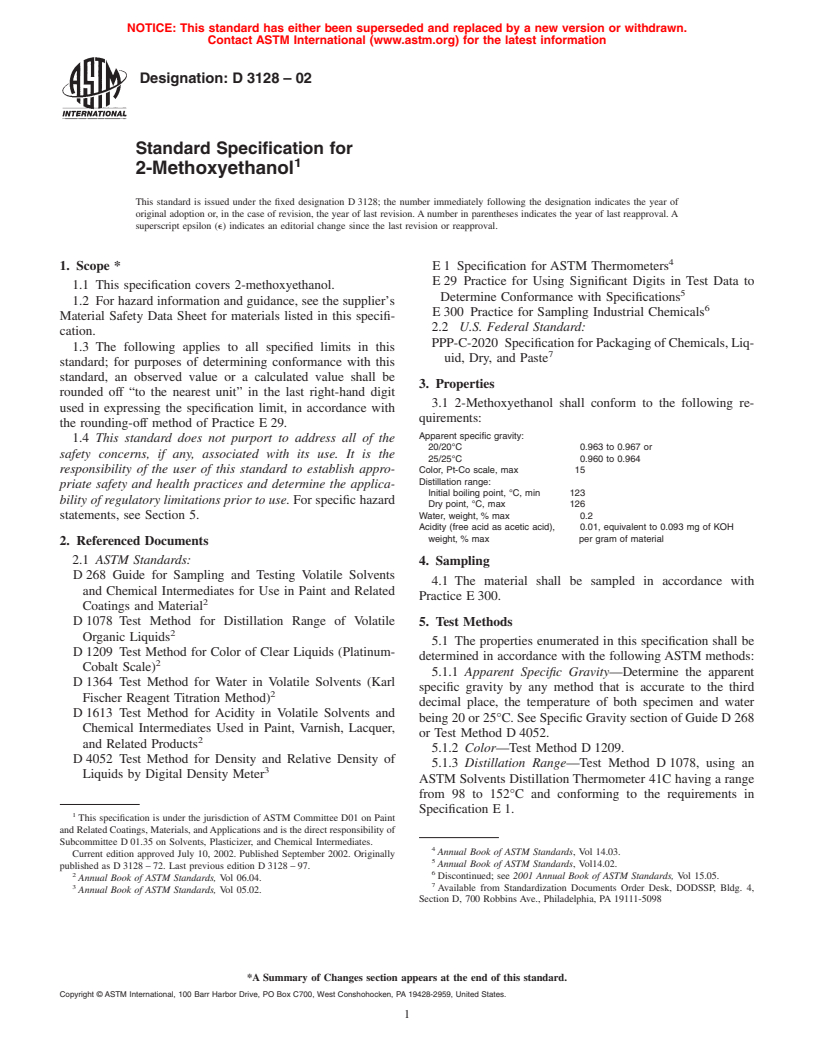 ASTM D3128-02 - Standard Specification for 2-Methoxyethanol