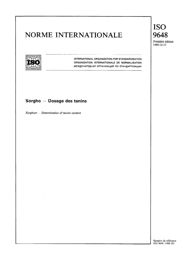ISO 9648:1988 - Sorgho -- Dosage des tanins