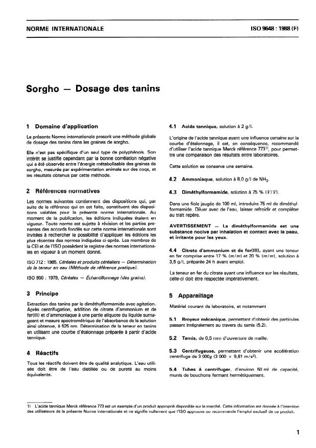 ISO 9648:1988 - Sorgho -- Dosage des tanins