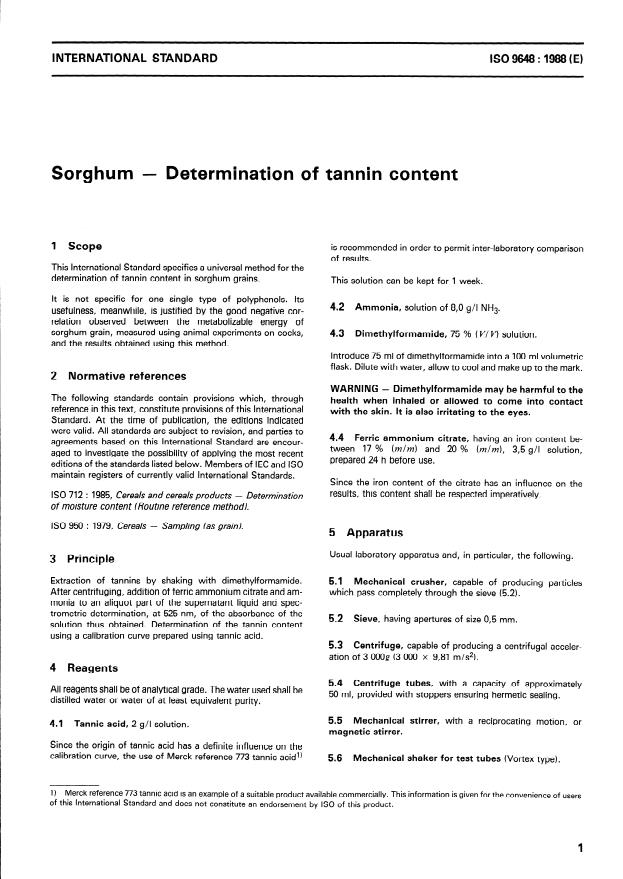 ISO 9648:1988 - Sorghum -- Determination of tannin content