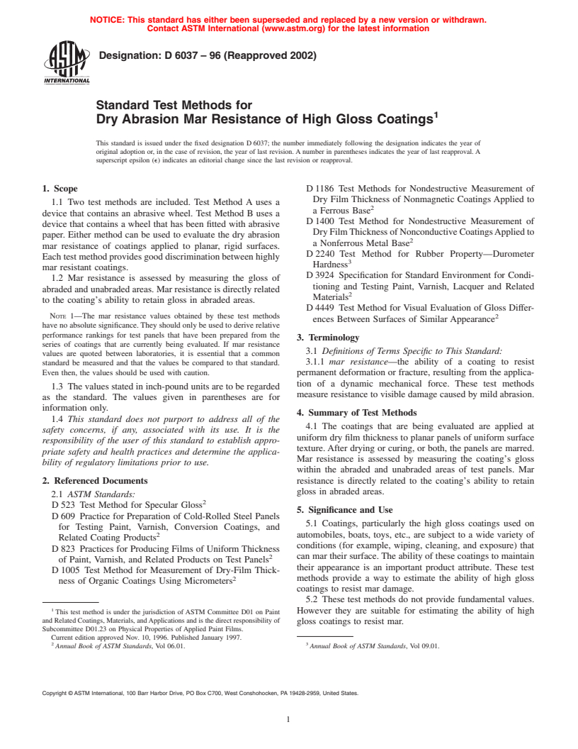 ASTM D6037-96(2002) - Standard Test Methods for Dry Abrasion Mar Resistance of High Gloss Coatings