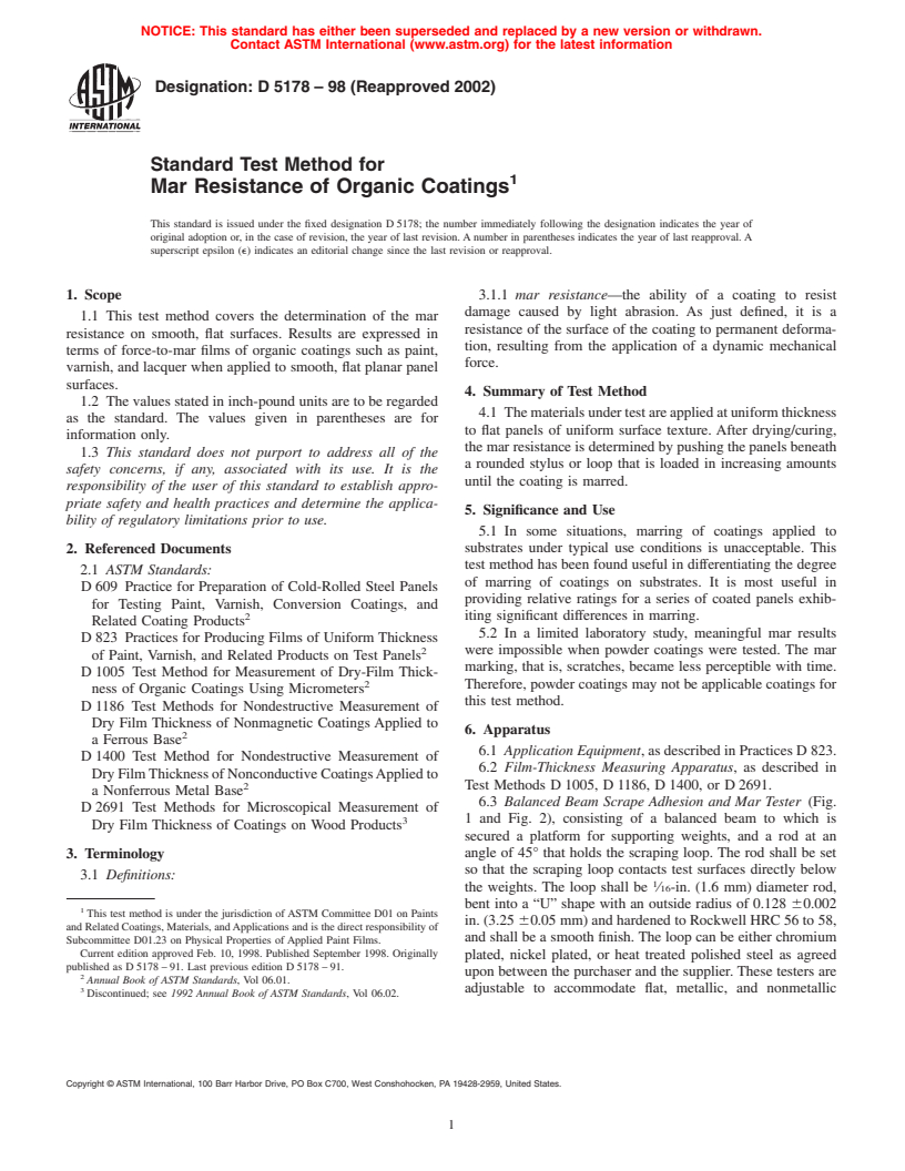 ASTM D5178-98(2002) - Standard Test Method for Mar Resistance of Organic Coatings