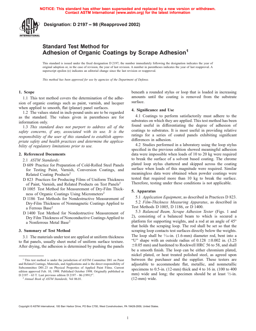 ASTM D2197-98(2002) - Standard Test Method for Adhesion of Organic Coatings by Scrape Adhesion