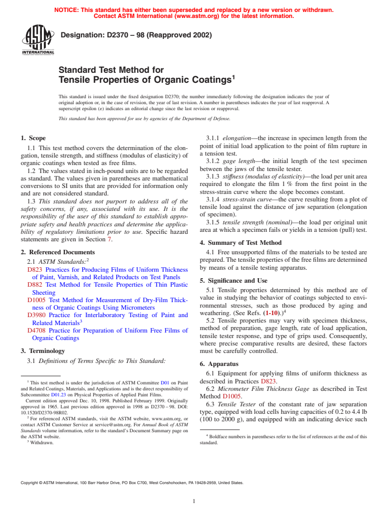 ASTM D2370-98(2002) - Standard Test Method for Tensile Properties of Organic Coatings