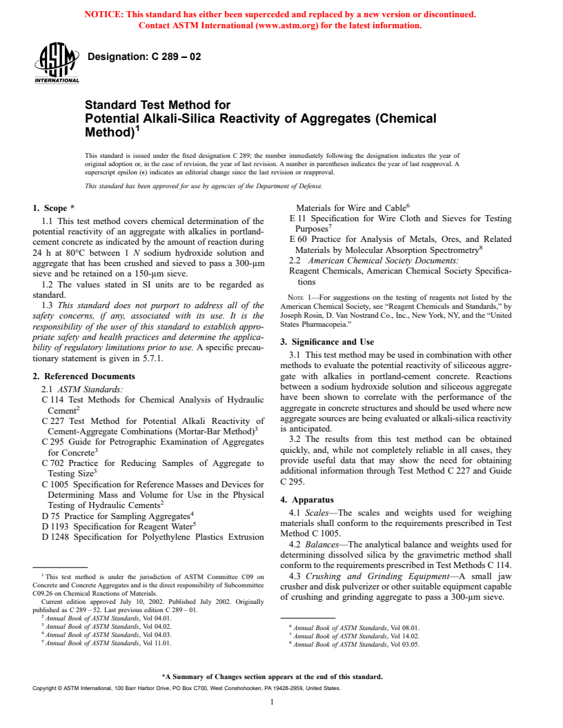 ASTM C289-02 - Standard Test Method for Potential Alkali-Silica Reactivity of Aggregates (Chemical Method)