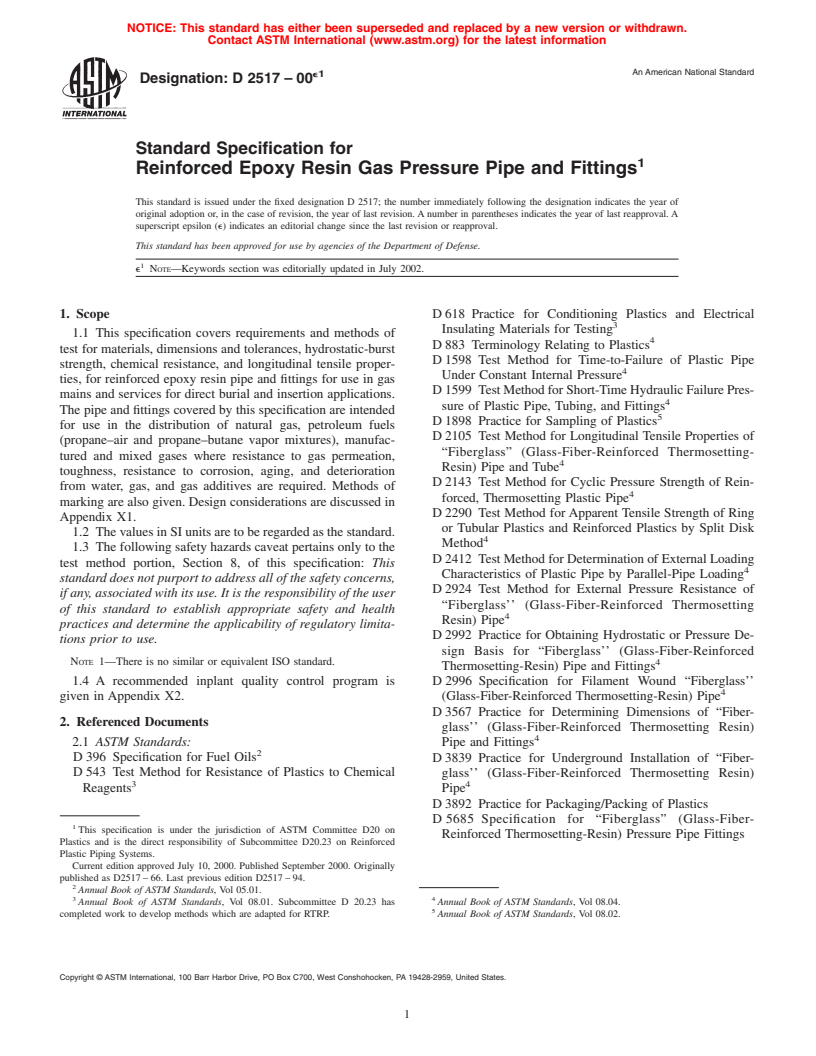 ASTM D2517-00e1 - Standard Specification for Reinforced Epoxy Resin Gas Pressure Pipe and Fittings