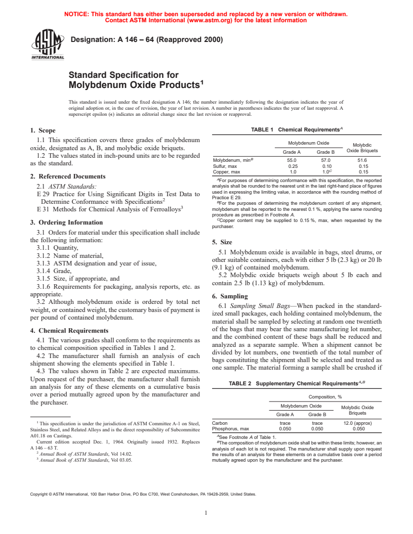 ASTM A146-64(2000) - Standard Specification for Molybdenum Oxide Products