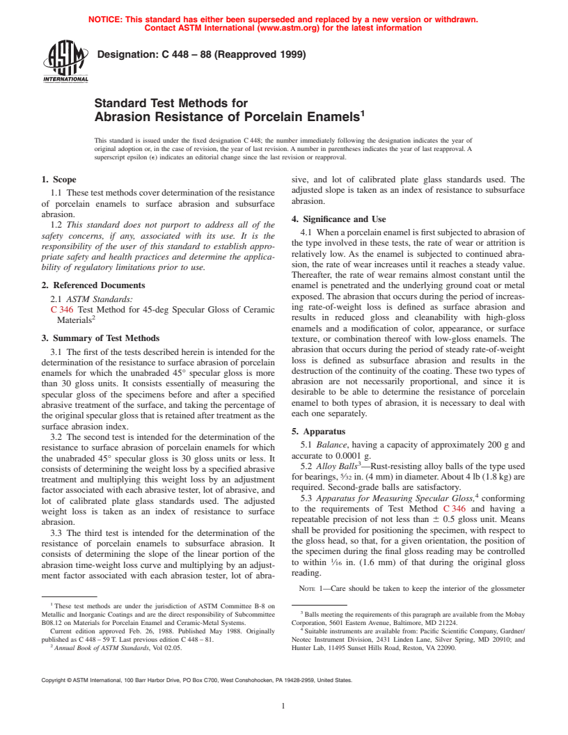 ASTM C448-88(1999) - Standard Test Methods for Abrasion Resistance of Porcelain Enamels