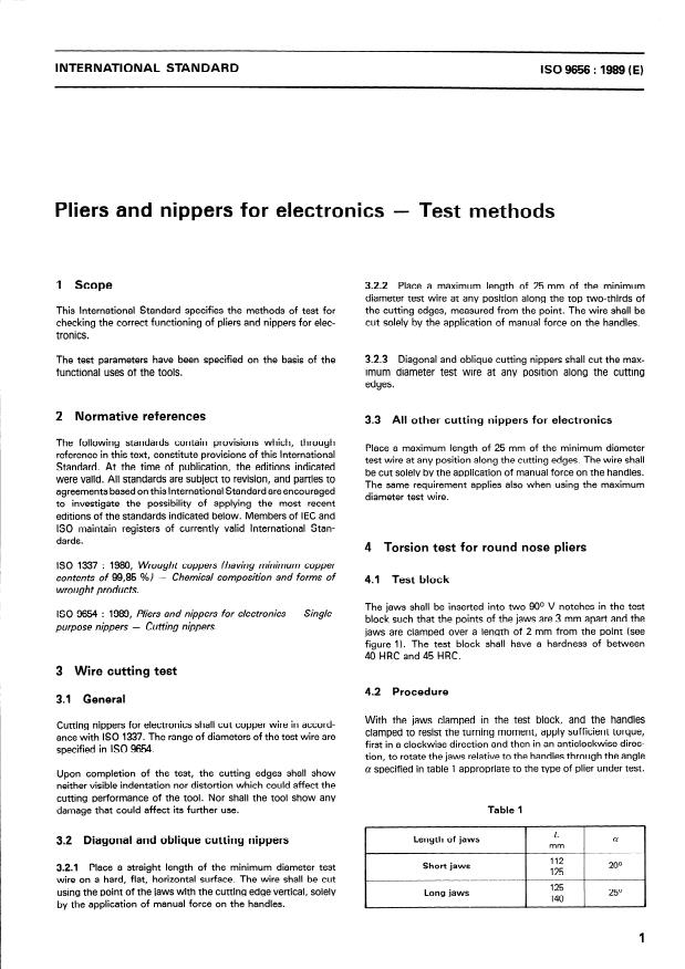 ISO 9656:1989 - Pliers and nippers for electronics -- Test methods